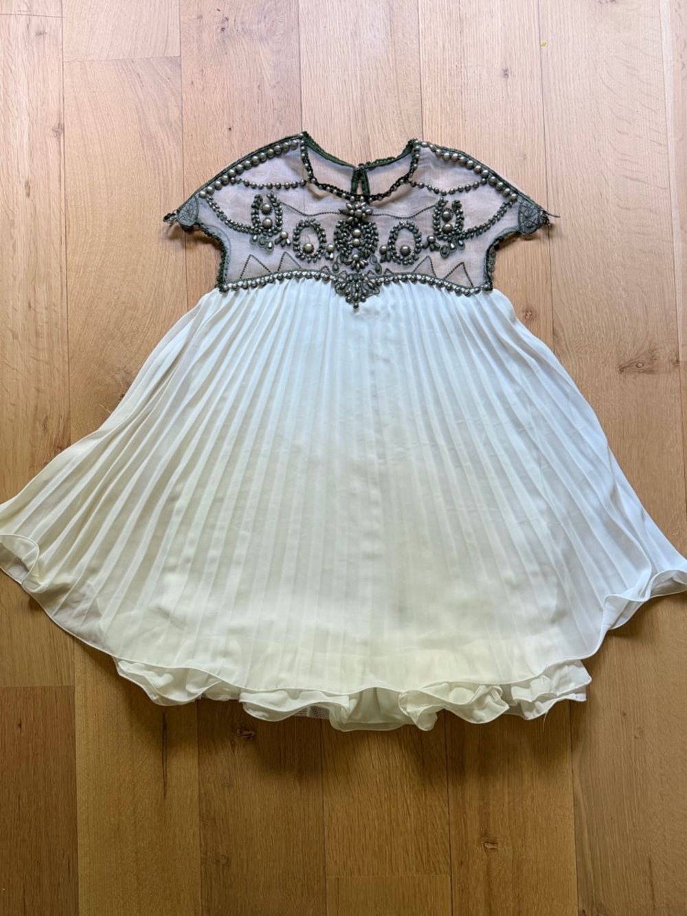 Vintage AL&WR Silk Beaded Dress Ivory Pleated Formal Dress Illusion Bodice